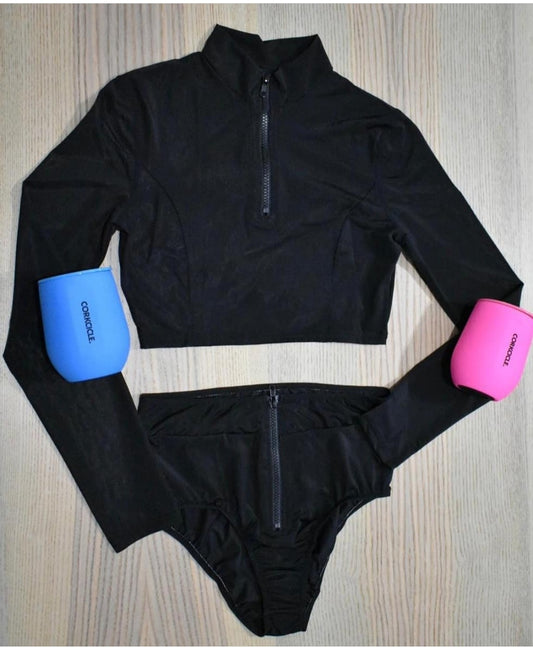 Two Piece Black Longe Sleeve with Zipper Swimsuit