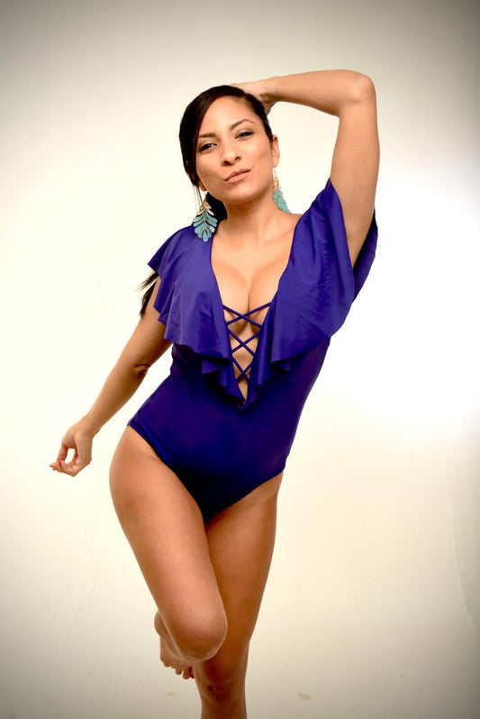 Blue Elegant Ruffle Swim Suit