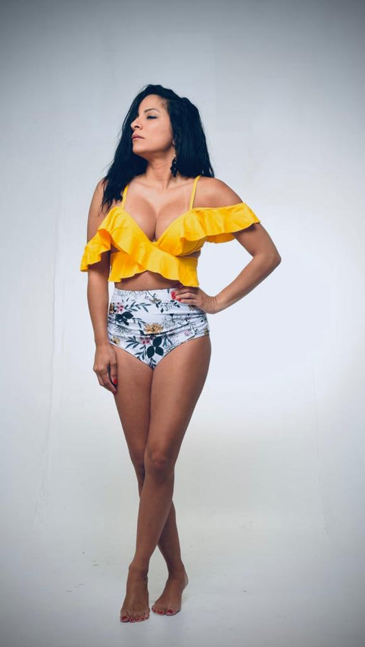 Mustard Yellow  Ruffles with Floral two piece