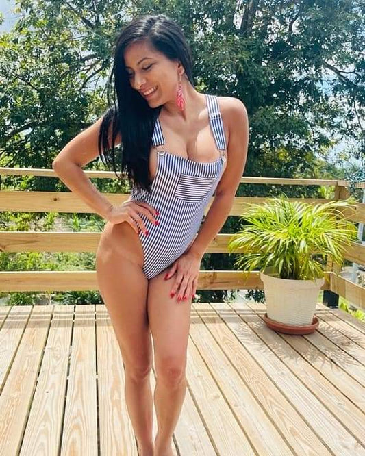 White and blue stripes jump-swimsuit