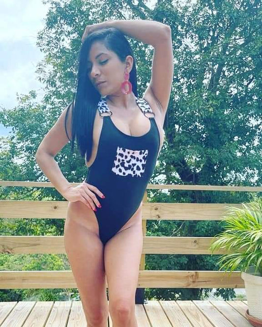 Black and animal print jumper swimsuit