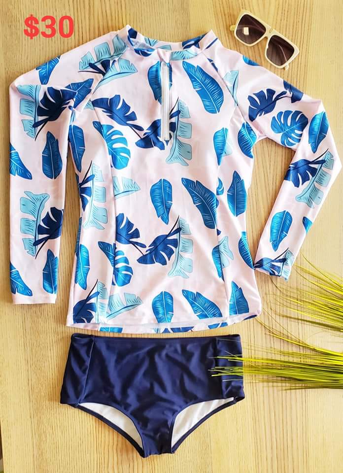 Two piece pink and blue leaves