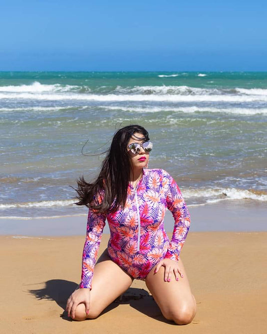 One Piece Long Sleeve Pinky Leaves with Zipper
